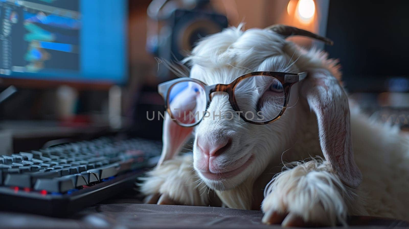 A goat wearing glasses and sitting next to a keyboard, AI by starush