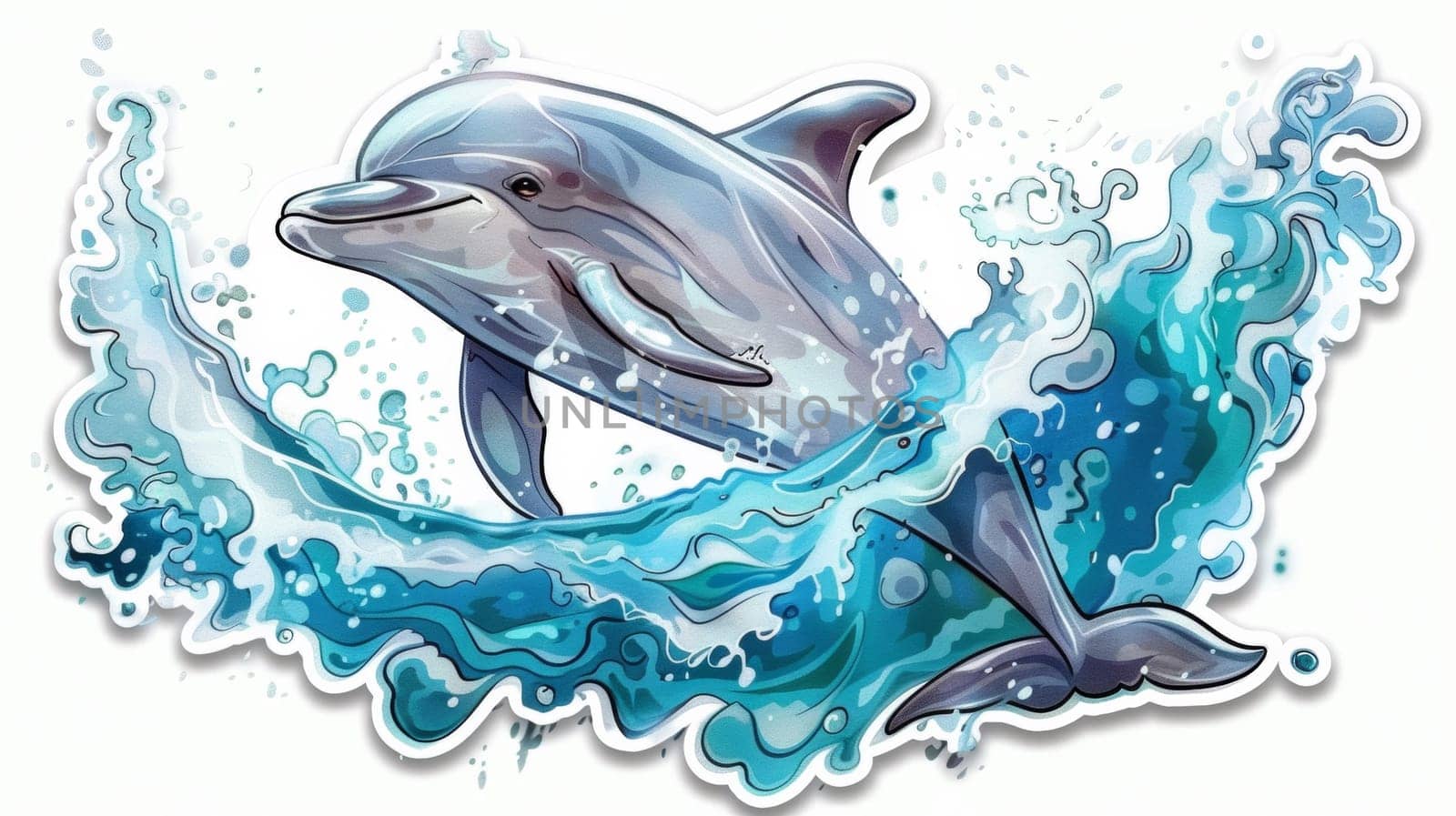 A dolphin sticker on a white background with waves, AI by starush