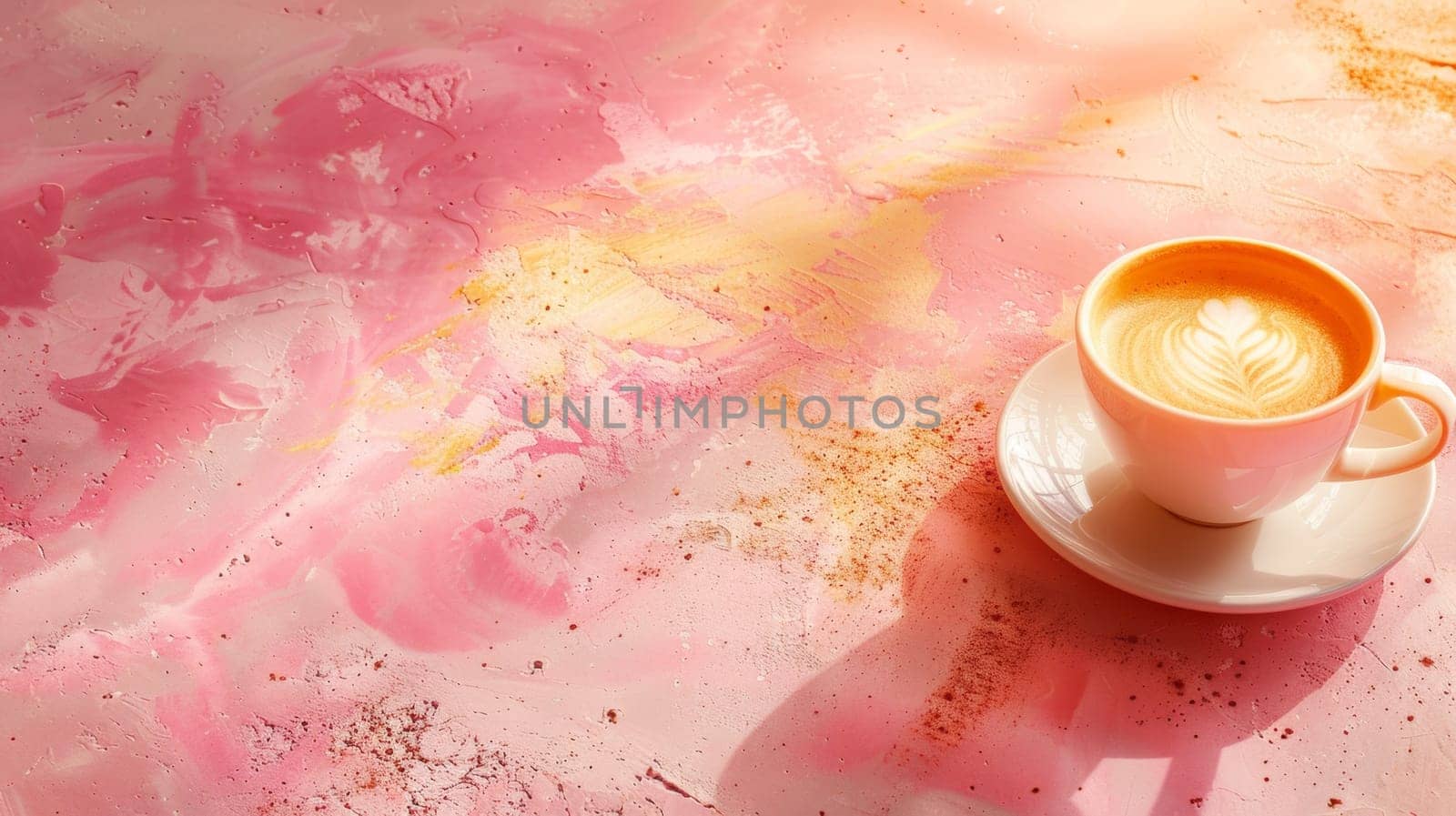 A cup of coffee on a saucer with pink paint splatter, AI by starush