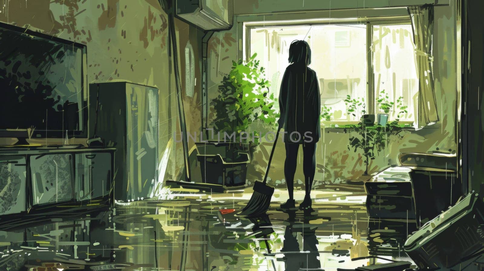 A woman sweeping a room in the middle of an empty house, AI by starush