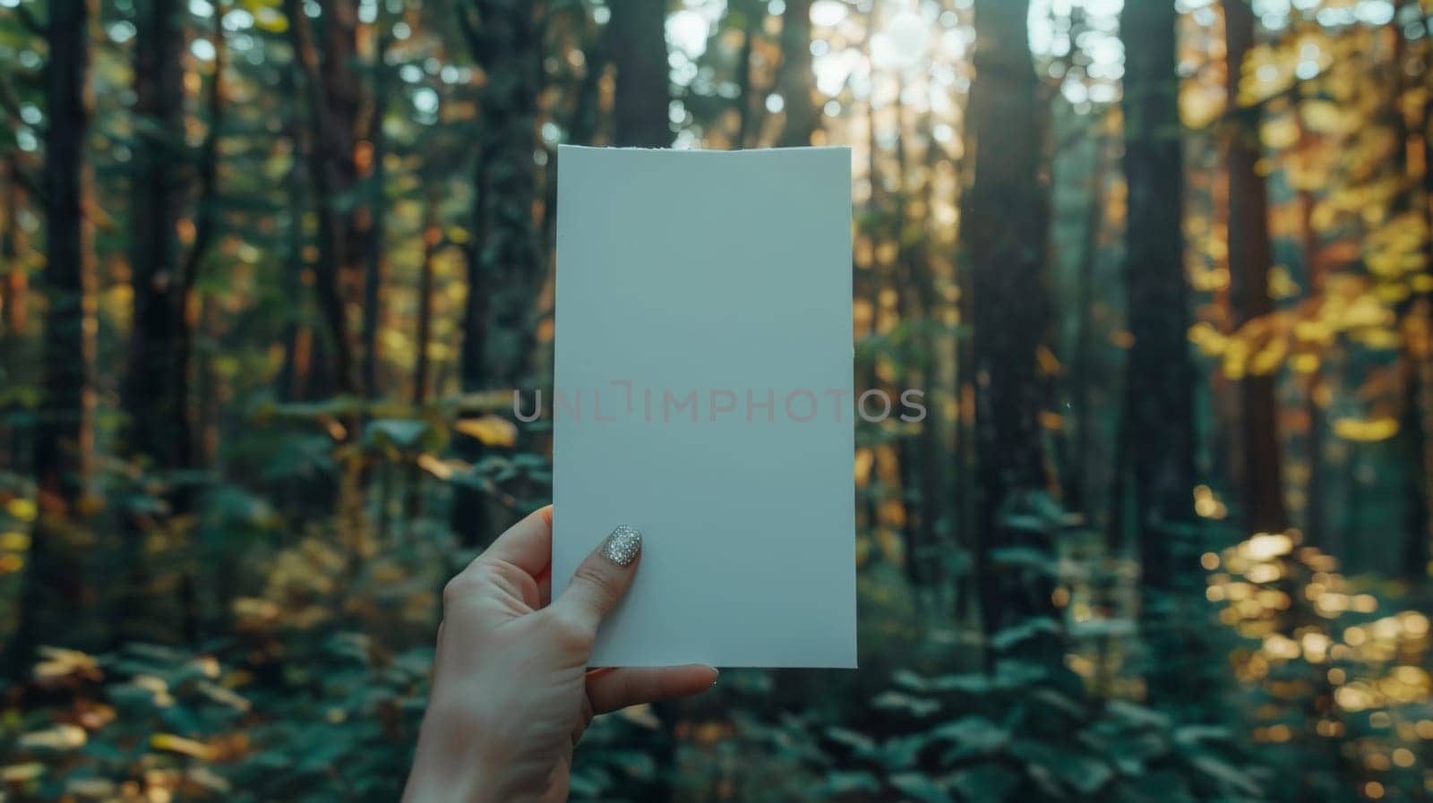A person holding a blank piece of paper in front of trees, AI by starush