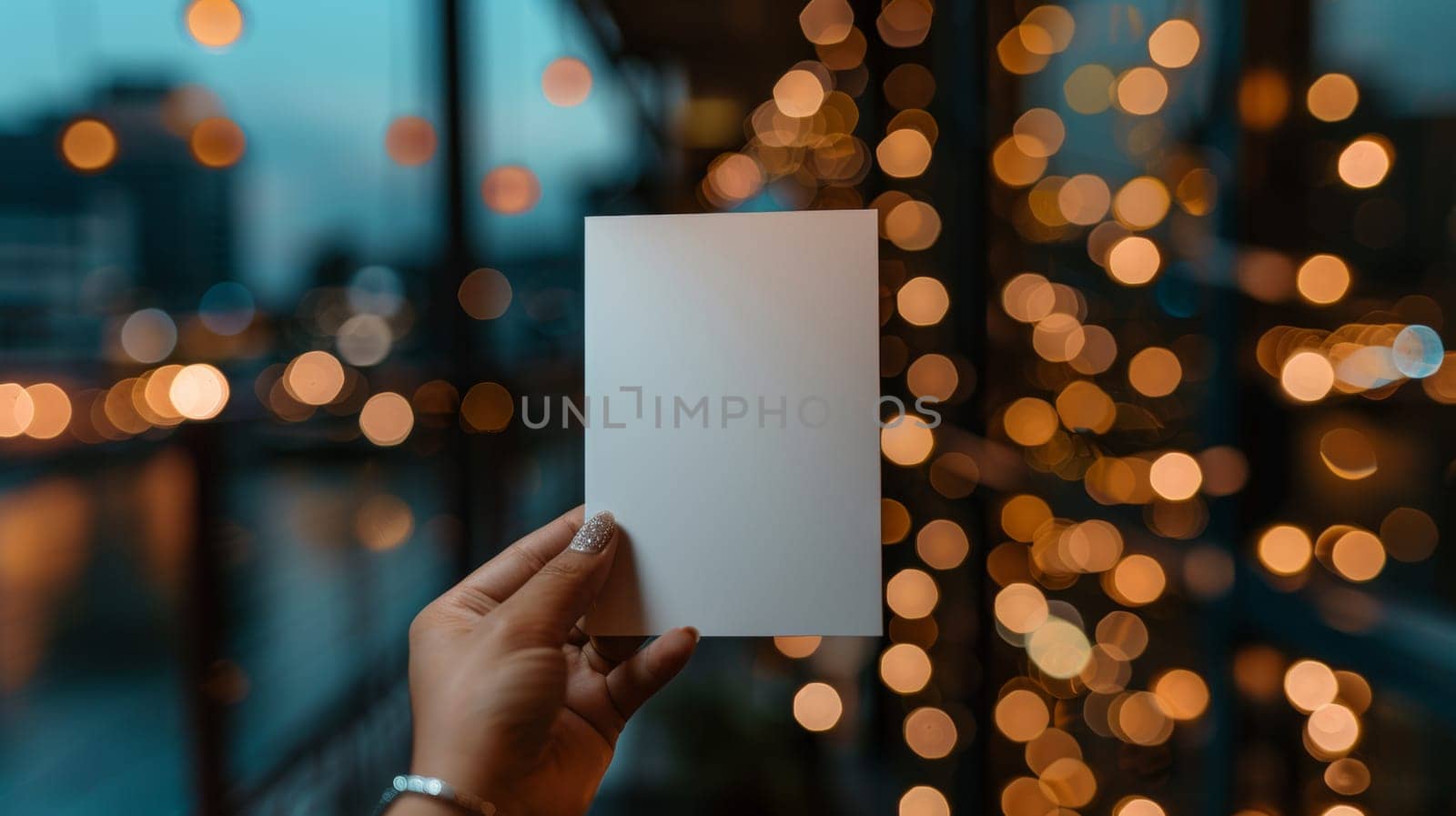 A person holding a blank card in front of bokeh lights