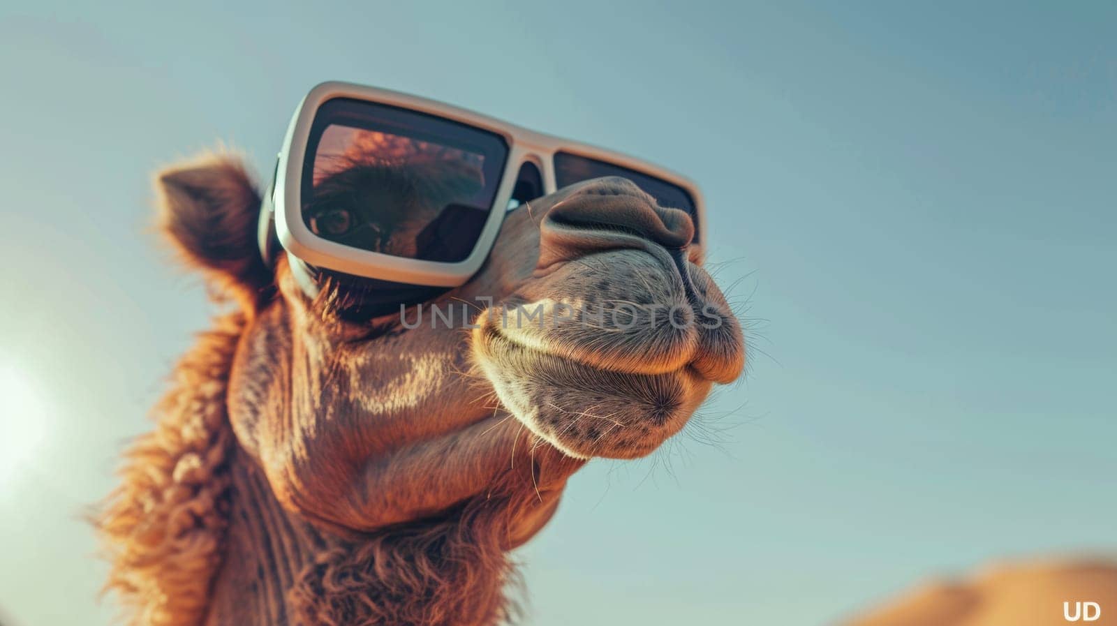 A camel wearing sunglasses with a wide open mouth