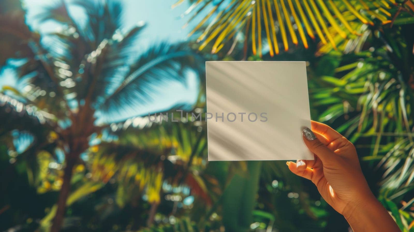 A person holding up a blank piece of paper in front of palm trees