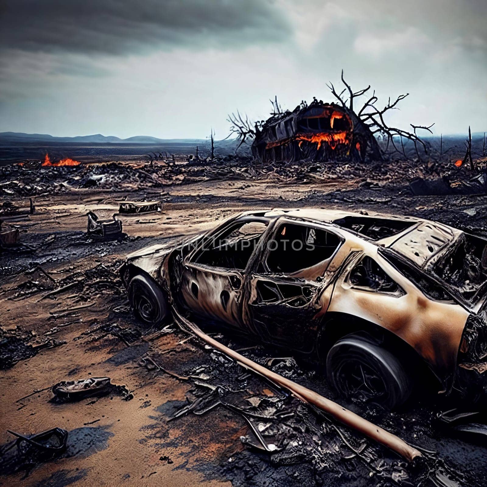 Devastated Landscapes. Disaster with scorched earth, smoldering wreckage, and a bleak atmosphere that conveys the destruction that occurred.