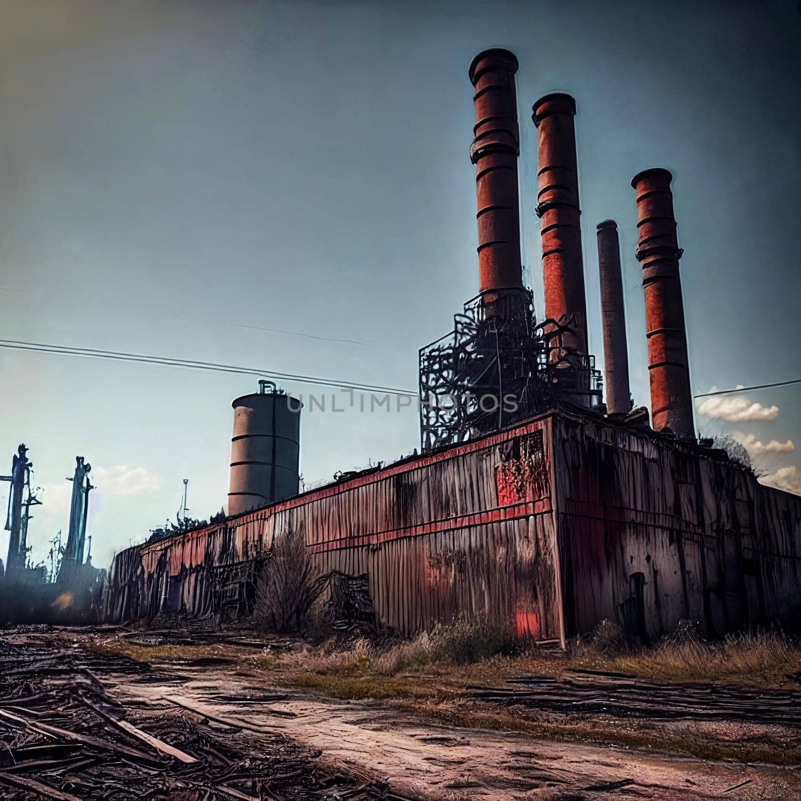 Industrial Decay. Industrial area in decay, with abandoned factories, rusty machinery, and a polluted skyline creating a haunting scene of industrial collapse.