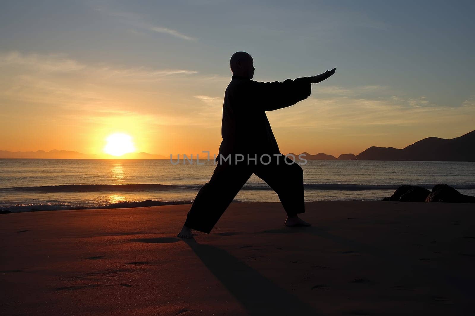 Tai chi sunset. Sport exercise fitness. Generate Ai