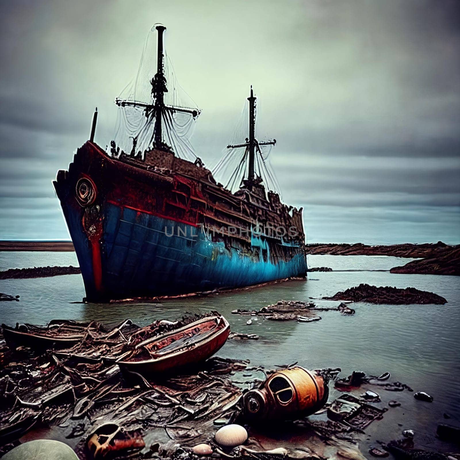 Shipwrecked World. Post-apocalyptic coastal scene with sunken ships, washed-up debris, and a desolate shoreline overlooking a vast and unforgiving sea.