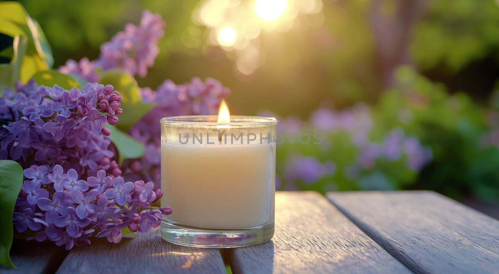 A tranquil scene with a lit candle beside fresh lilac blossoms on a wooden surface against a sunset backdrop. High quality photo