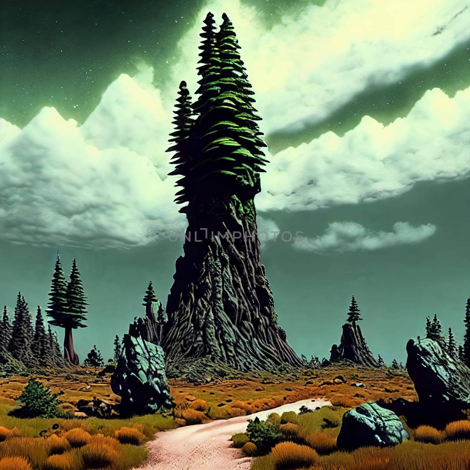 Post-nuclear Wilderness. Landscape transformed by nuclear fallout, featuring mutated flora, eerie rock formations, and a toxic sky tinged with ominous hues.