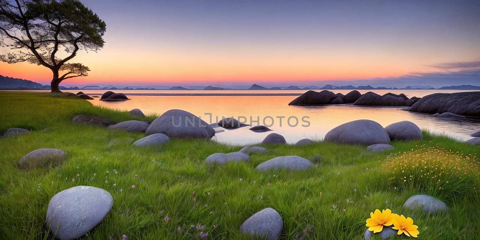 Inspirational Nature. A serene landscape photograph of a peaceful meadow at sunrise with a single flower resting on a rock or in the grass to convey a sense of tranquility and inner strength.