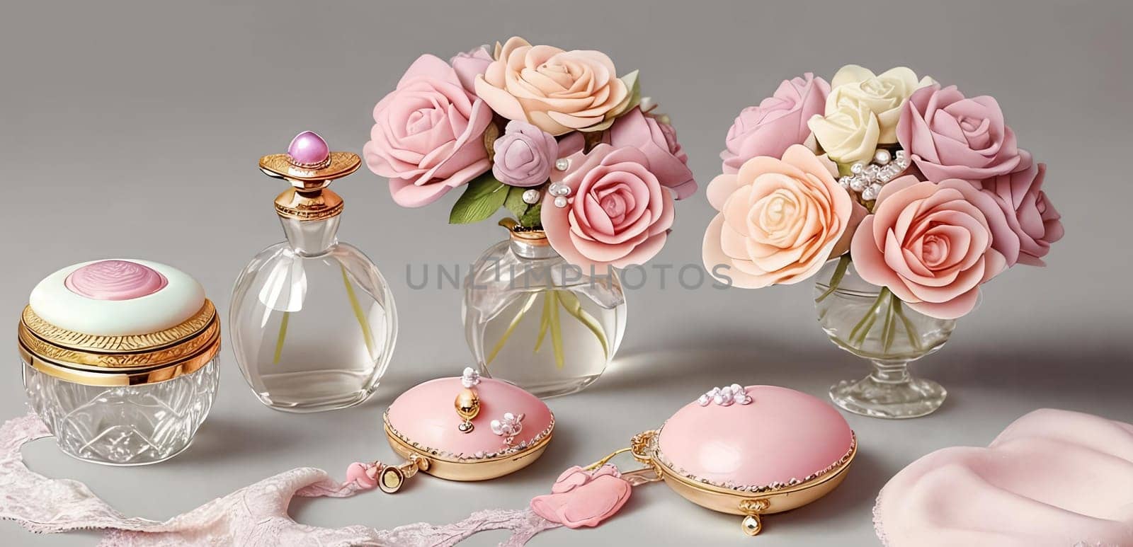 Pastel Palette. A still life scene featuring pastel-colored feminine accessories like a delicate pearl necklace, a lace handkerchief, and a vintage perfume bottle against a soft textured background for a sophisticated and timeless look.