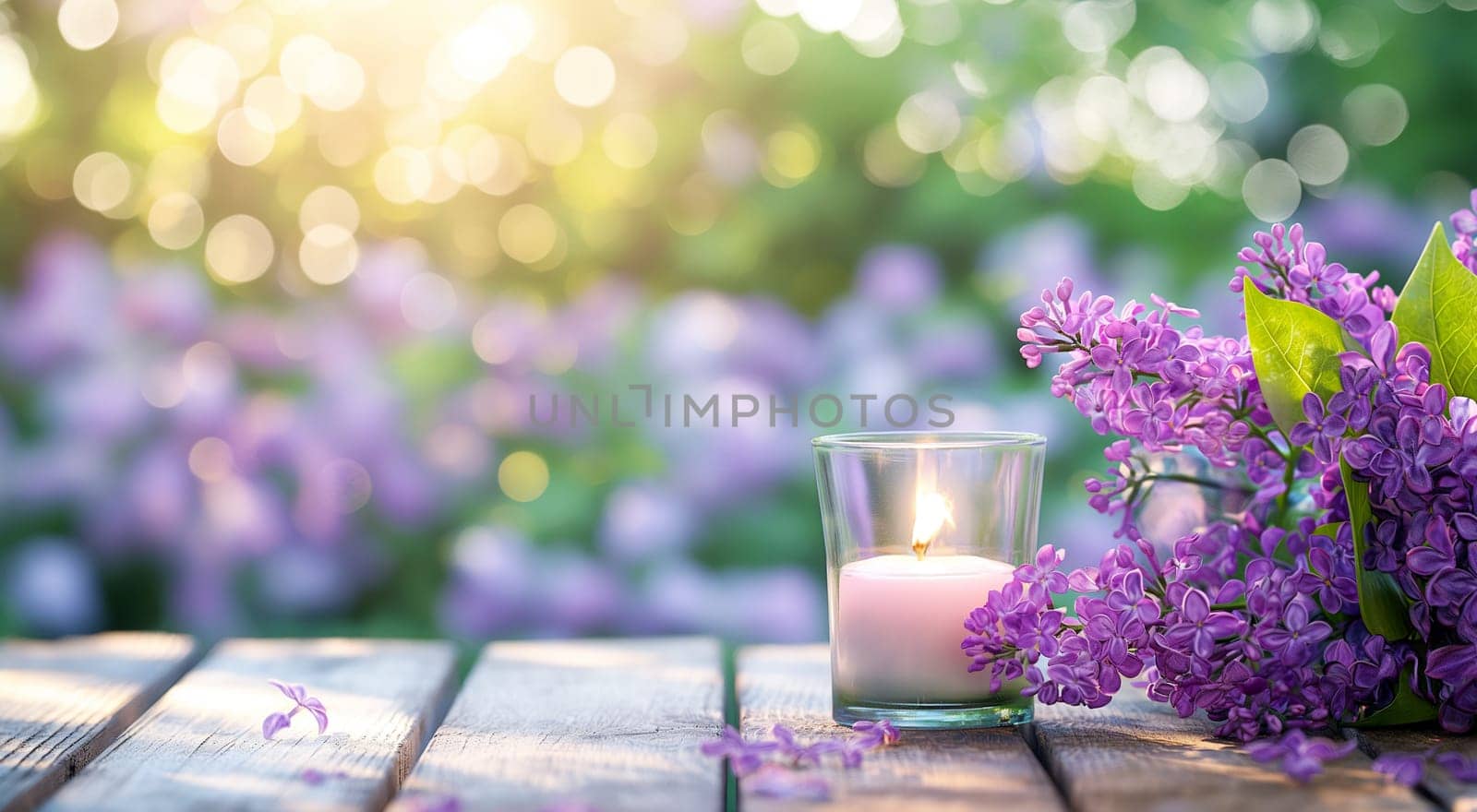 Candle and lilac blossoms on wooden table with bokeh background. High quality photo