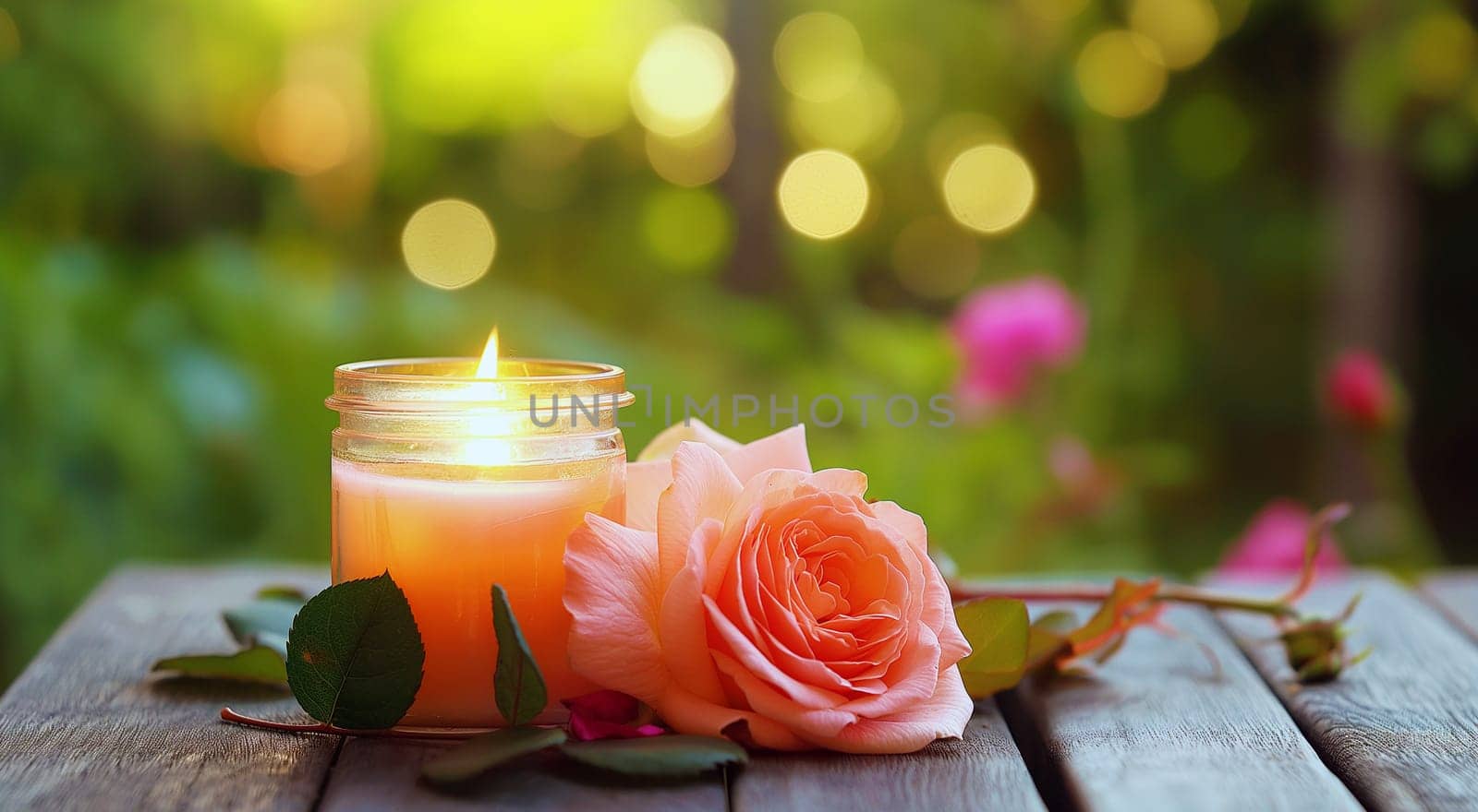 A lit scented candle in a glass jar beside a fresh pink rose on a wooden surface with a blurred natural green background. by kizuneko