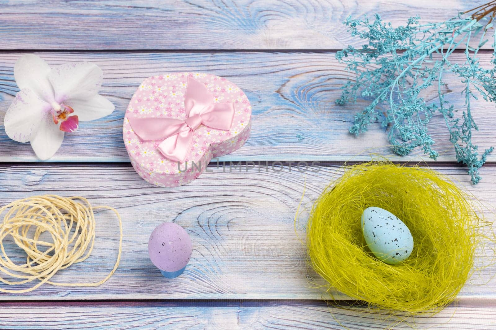 Nest with a colored Easter egg, a gift box, an orchid flower and a rope on the boards with decorative plants. Top view.