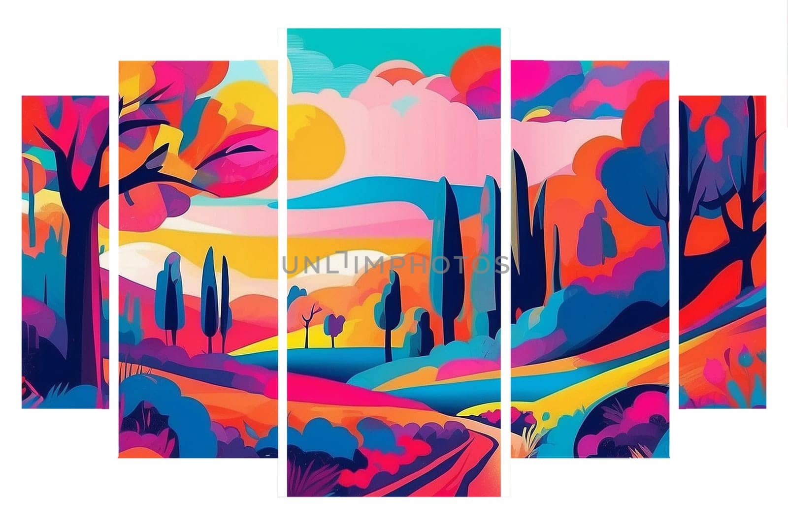 AI generated five vertical panes tryptyck art deco psychedelic landscape in fauvism style