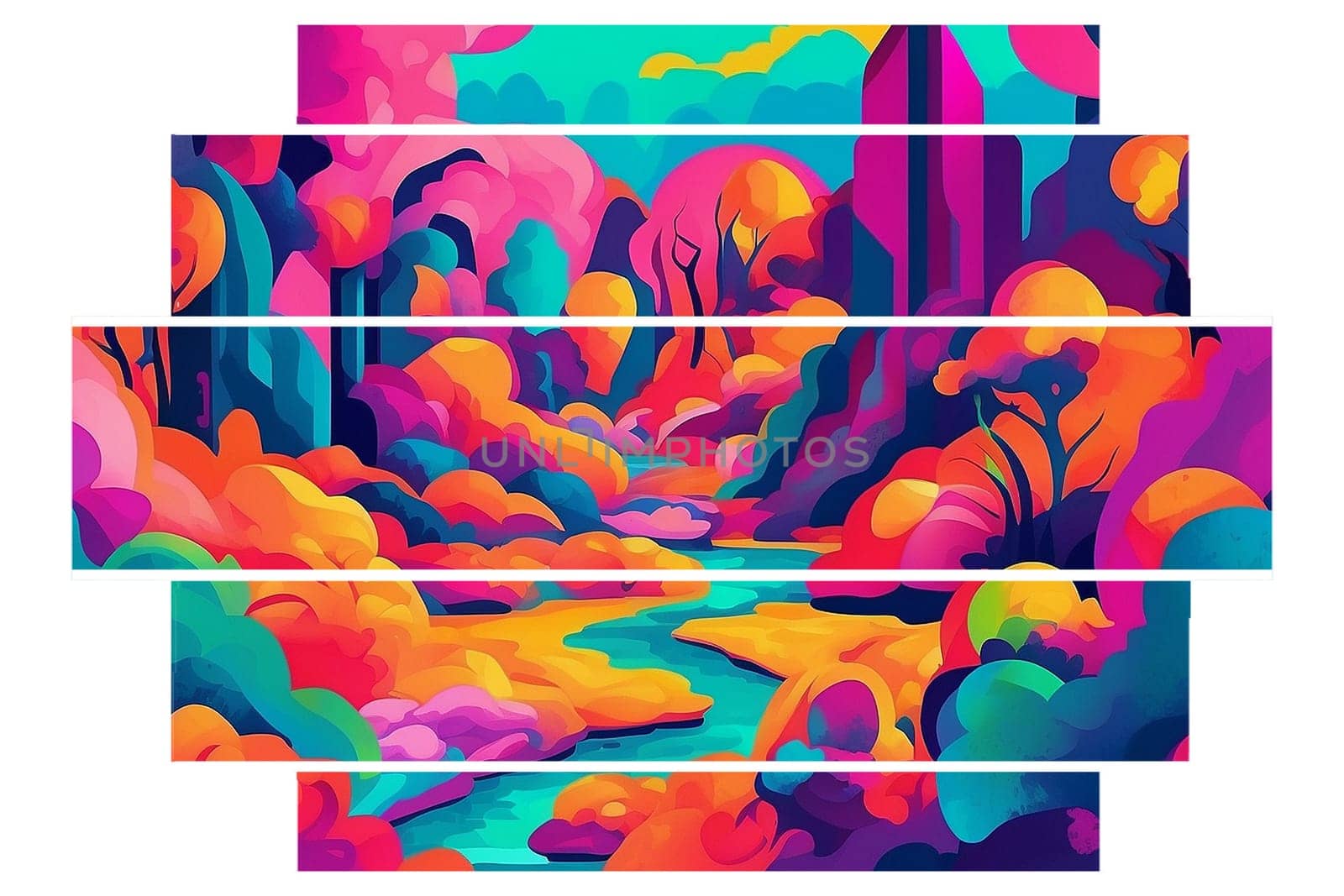 AI generated five horizontal panes triptych art deco psychedelic landscape in fauvism style