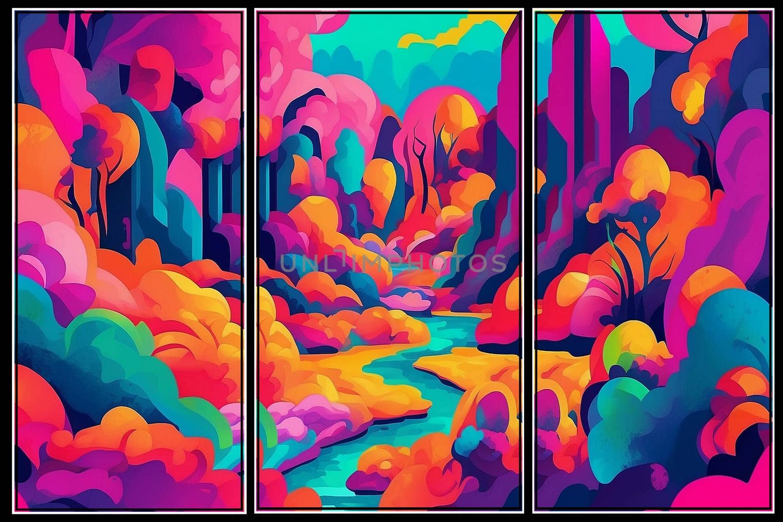 AI generated triptych art deco psychedelic landscape in fauvism style