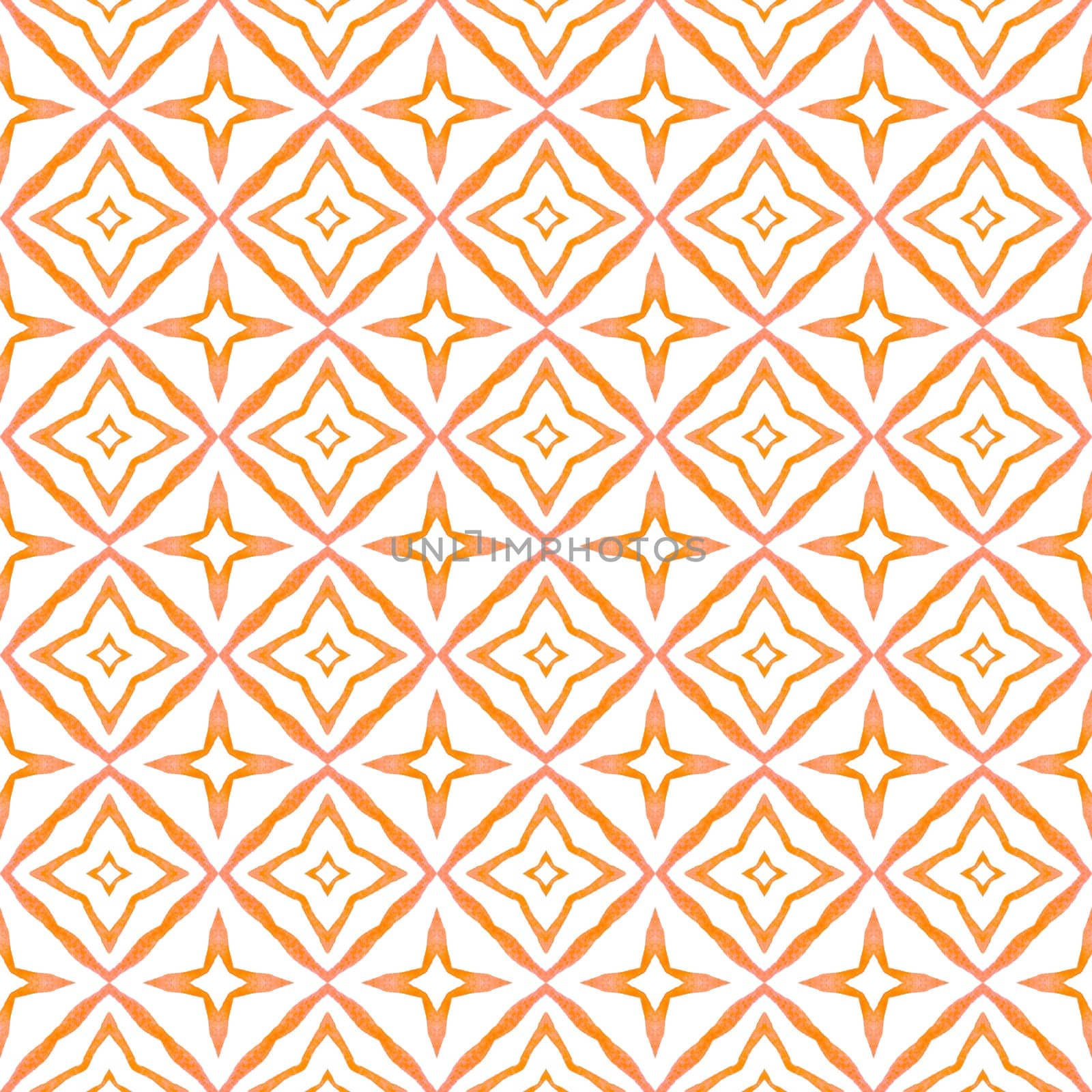 Tiled watercolor background. Orange fancy boho chic summer design. Textile ready ideal print, swimwear fabric, wallpaper, wrapping. Hand painted tiled watercolor border.