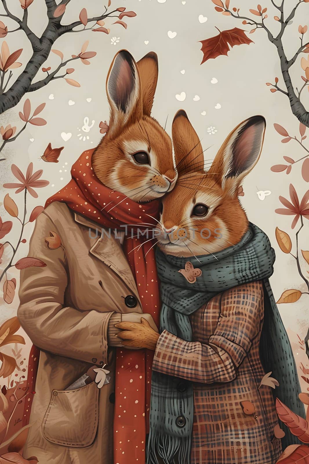 Two rabbits in coats and scarves lovingly embrace each other by Nadtochiy