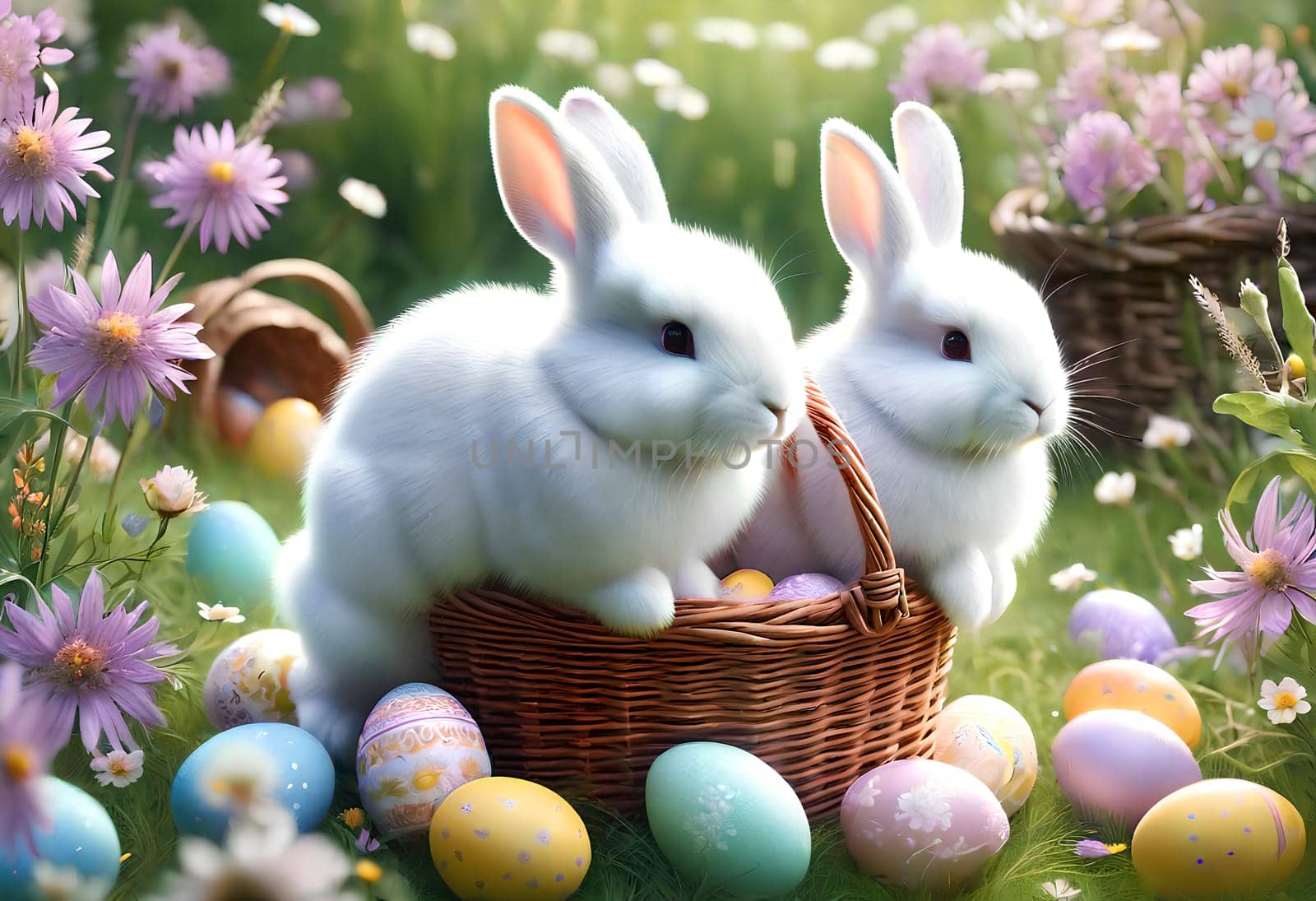 White bunny with Easter eggs in nature. AI generated image.