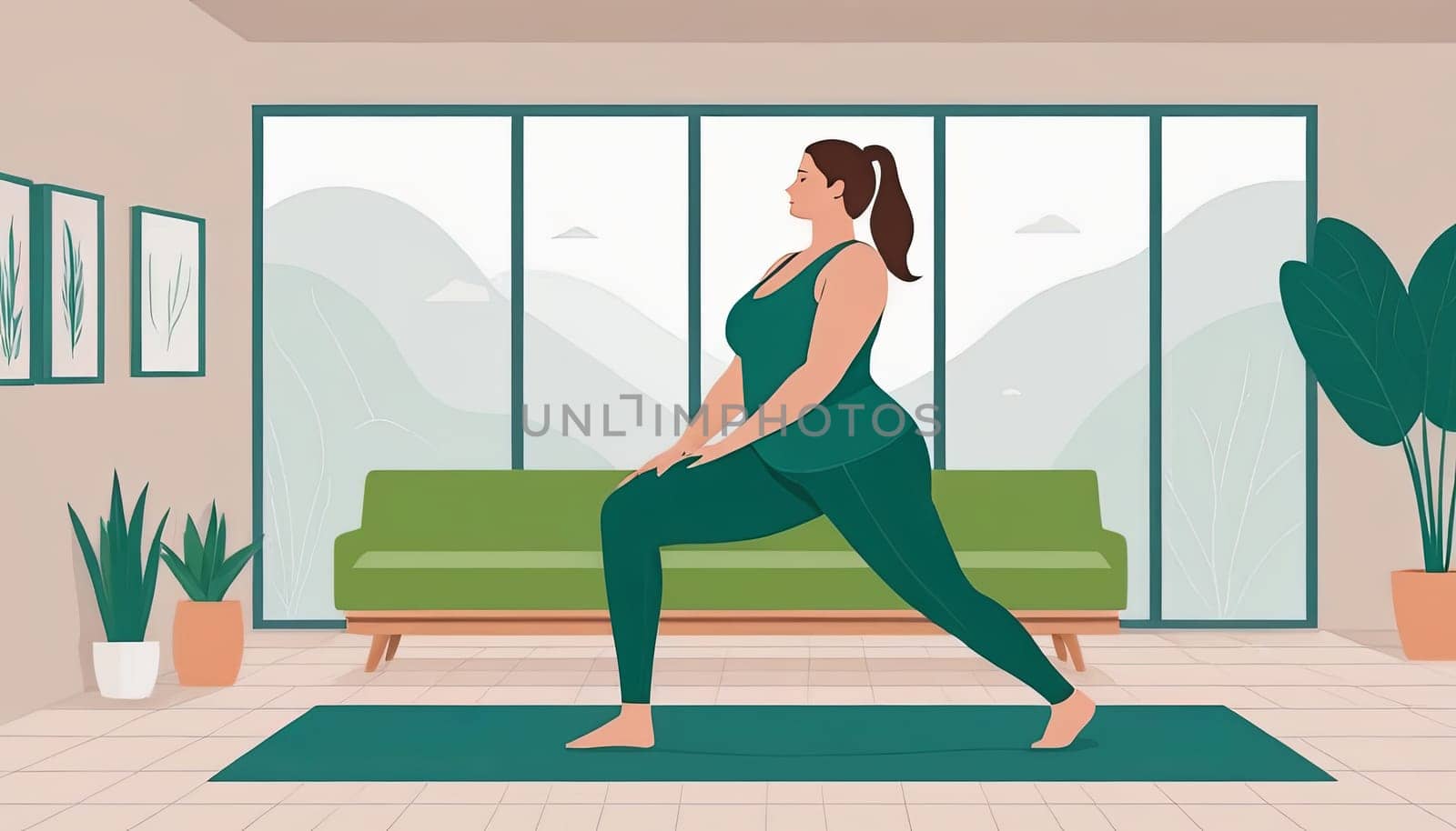 Large woman, yoga practice near sofa, leggings and top attire. Bright room, large window, floor-standing flower. by Matiunina