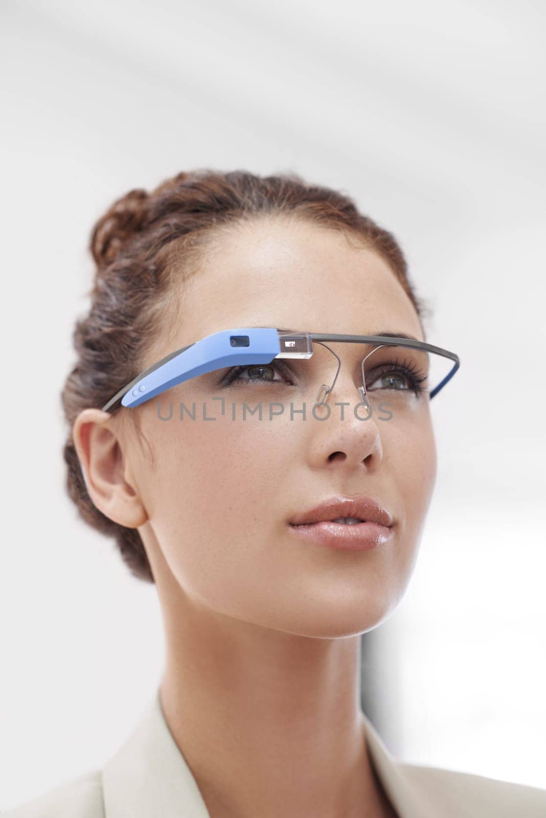 Virtual reality, connection and businesswoman with smart glasses for internet network in office. Future technology, workplace and consultant with designer VR eyewear, vision and online communication. by YuriArcurs