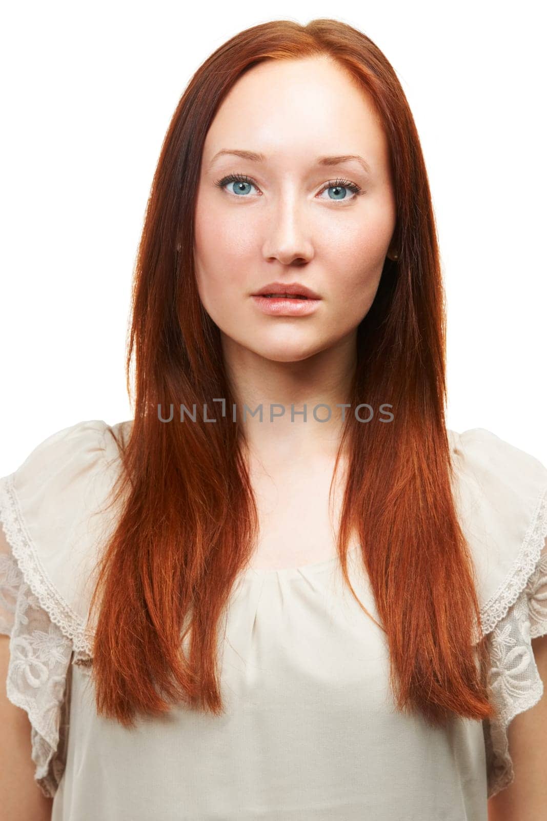 Hair care, ginger or portrait of model with beauty in white background for a natural shine. Face, redhead woman and person in studio with healthy glow, texture or hairstyle results for confidence by YuriArcurs