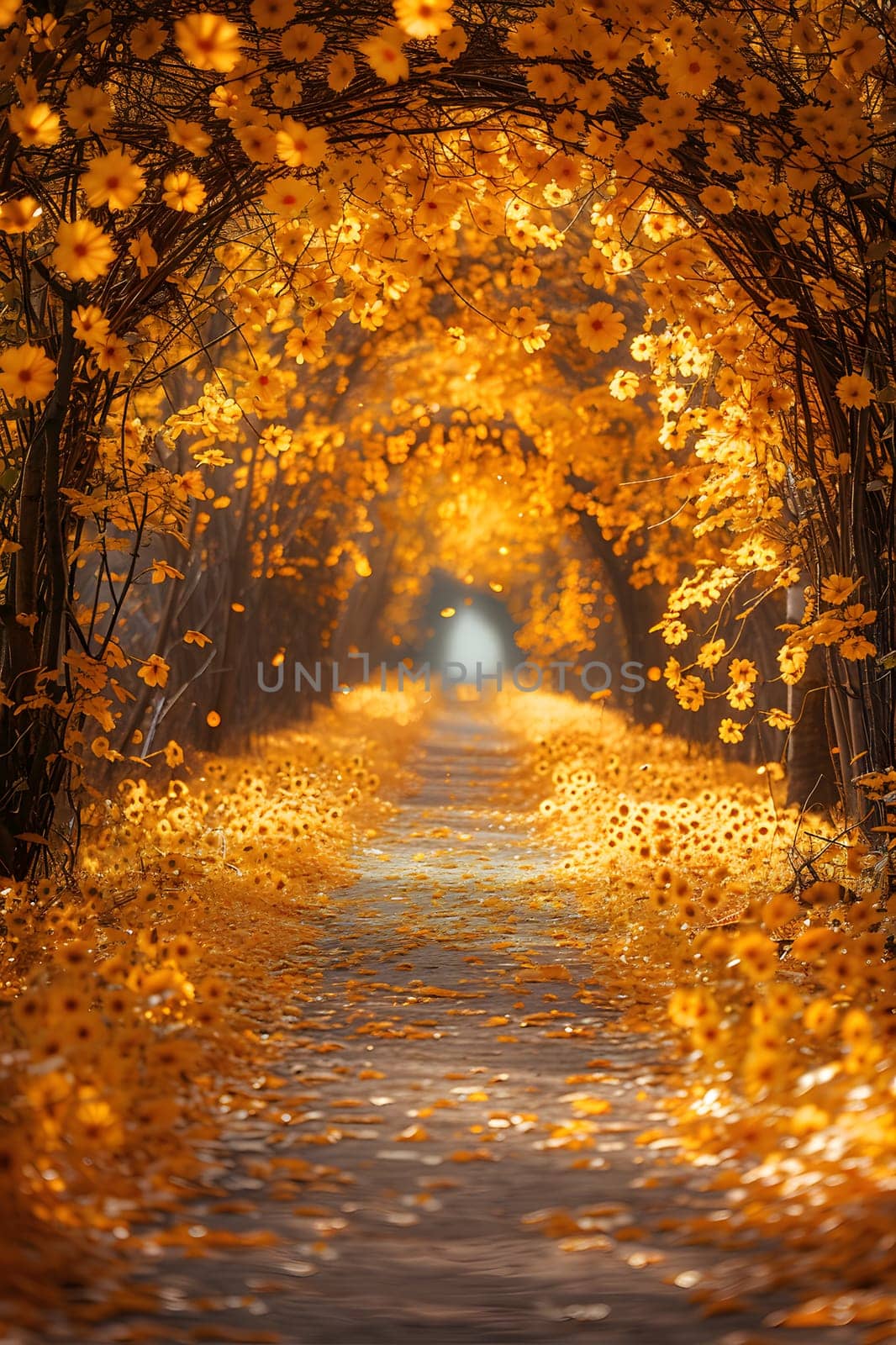 A Brown Wood Road surface surrounded by Amber leaves in autumn by Nadtochiy