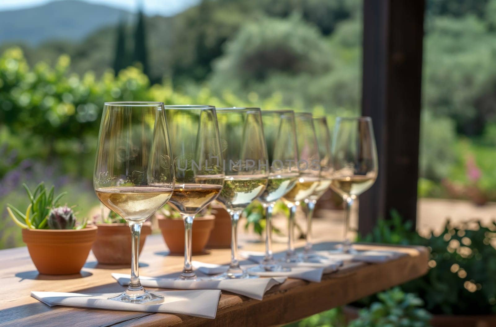 Rows of wine glasses filled with white wine sit on a wooden table outdoors, with a vineyard in the background, reminiscent of a casual wine tasting