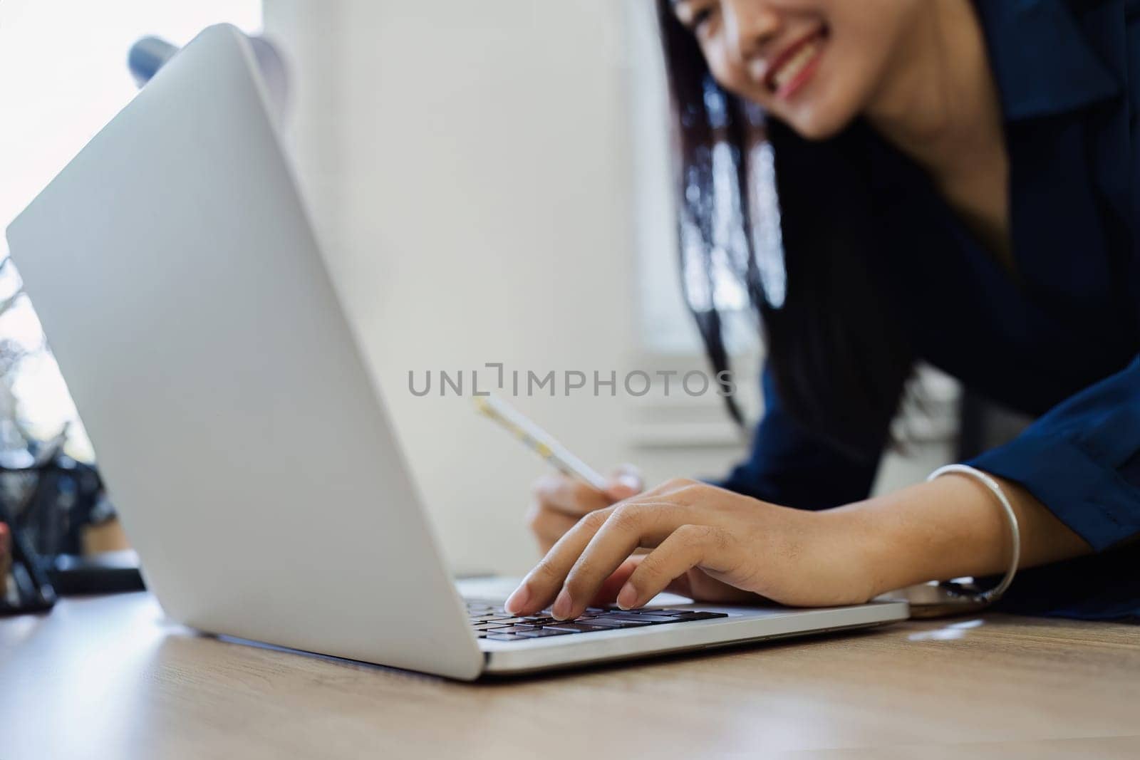 Business woman, freelance hand typing and laptop in home for remote work, internet search or blog by itchaznong