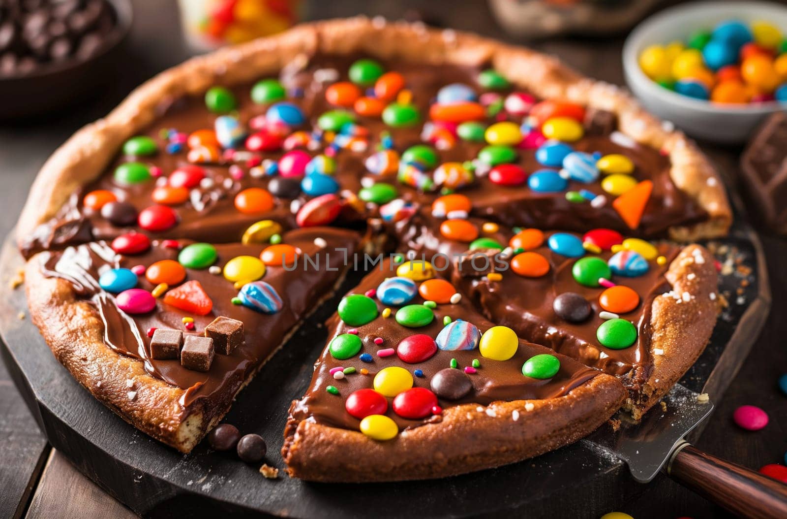 Chocolate covered pizza, sliced and decorated with a colorful mixture of candies, glazed chocolate pieces and sprinkles
