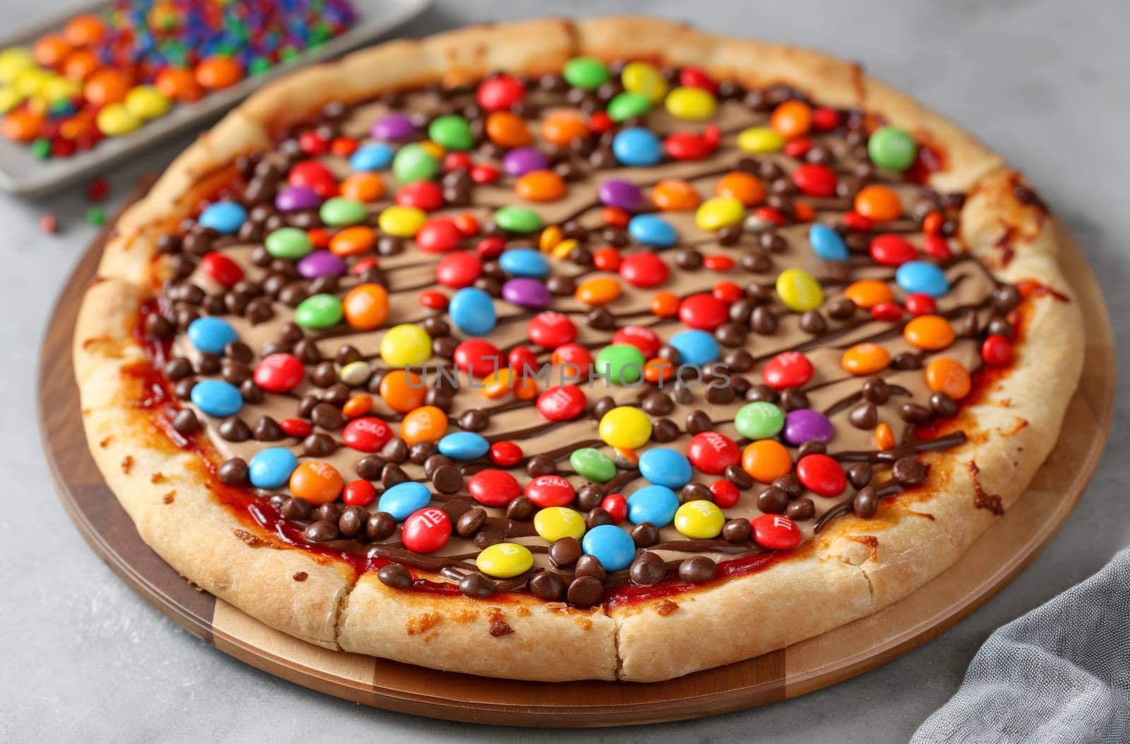 Pizza with golden crust, covered with a layer of chocolate sauce, with lots of colorful candies and chocolate chips