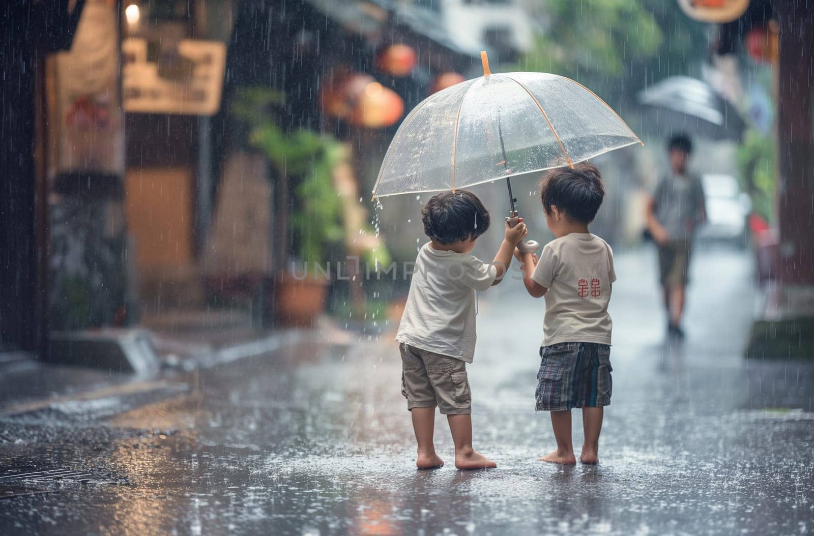 Two small children in shorts stand on a wet street under a transparent umbrella, the rain is noticeably pouring around them, barefoot on the sidewalk, with traditional Chinese characters on their shirts