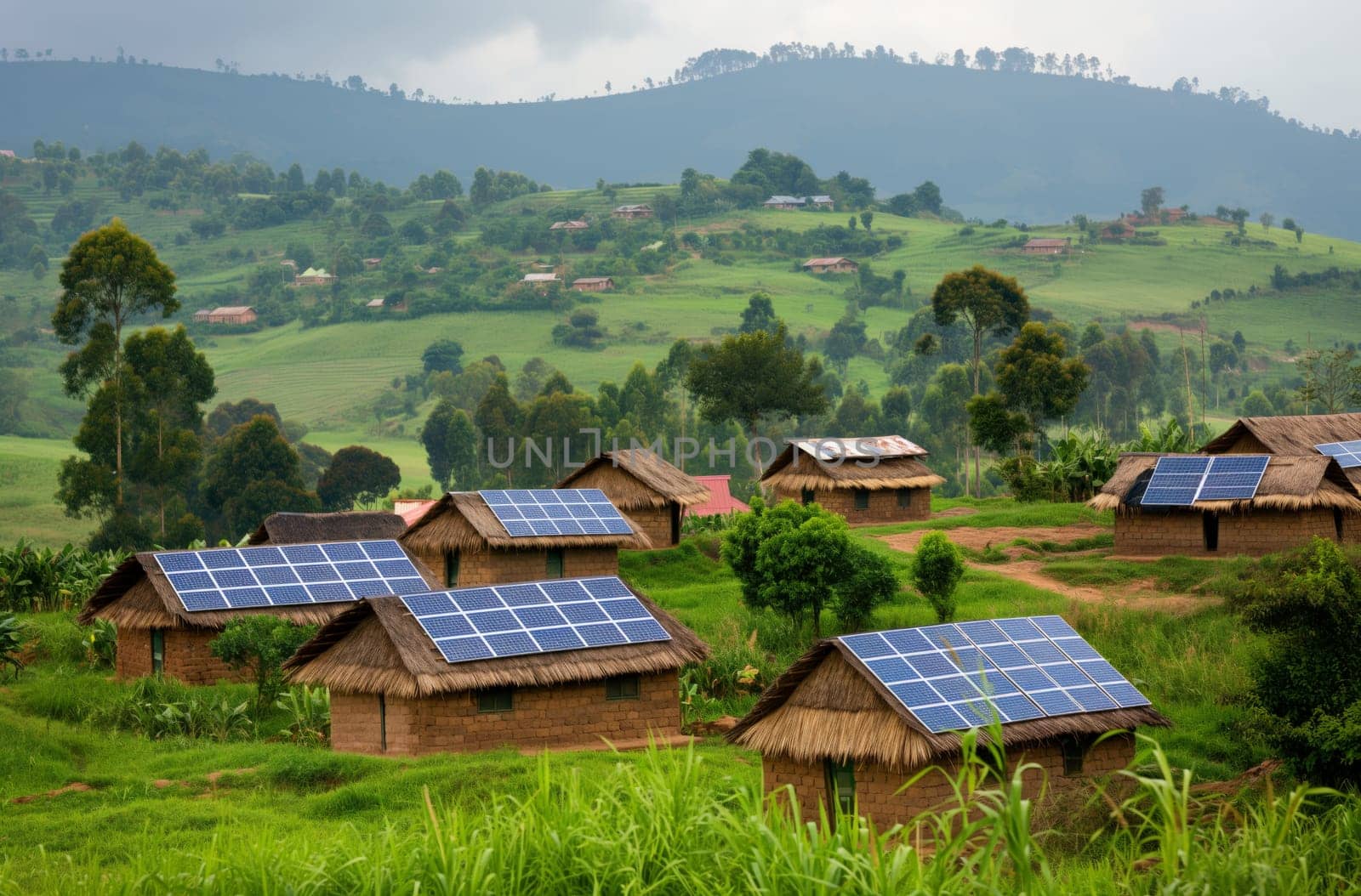 Rural African landscape with mud houses topped with solar panels, showcasing sustainable energy use in a green hilly environment