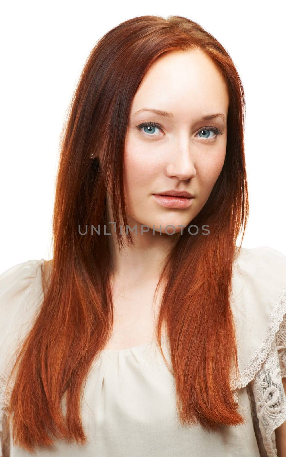 Hair care, ginger or portrait of natural woman with beauty in white background for a shine. Face, redhead model and person in studio with healthy glow, texture or hairstyle results for confidence by YuriArcurs