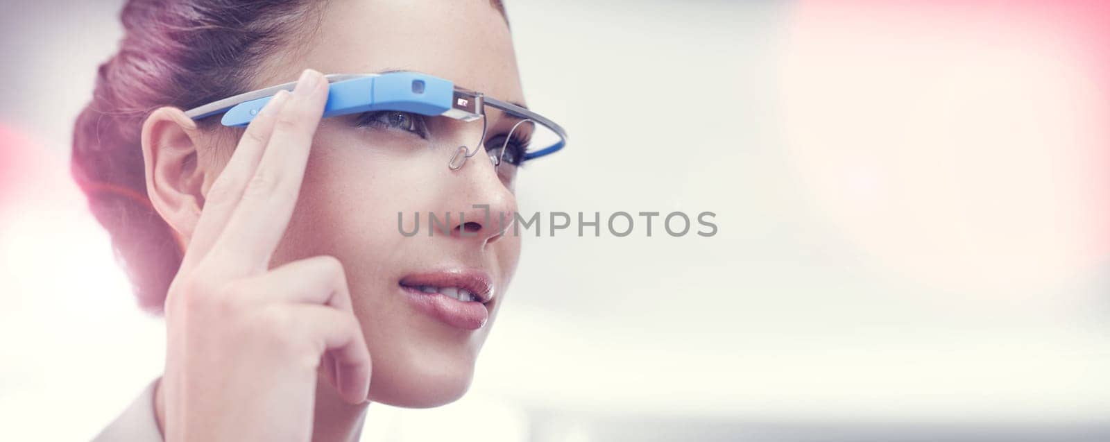 Augmented reality, vision and woman with smart glasses, internet connection and communication on mockup in office. Future technology, workplace and consultant with VR eyewear, networking and focus.