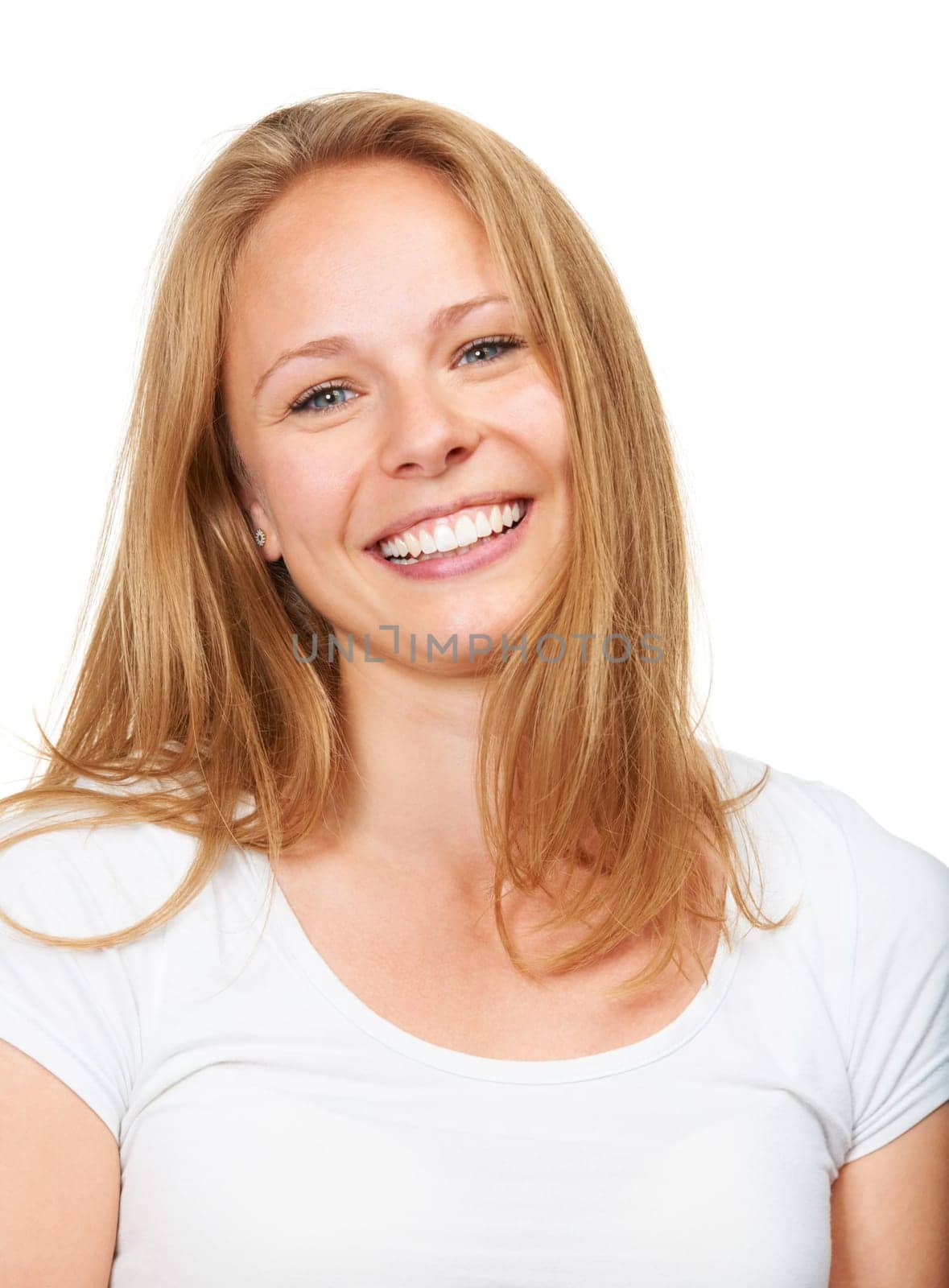 Hair, portrait and happy woman in studio with shampoo, results or beauty and color on white background. Blonde, haircare or face of female model with growth, texture and dye satisfaction or treatment by YuriArcurs