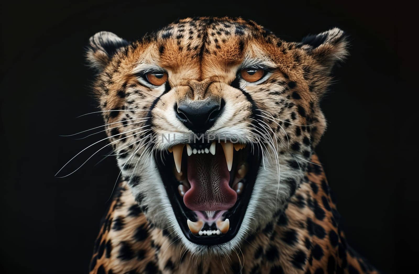 cheetah animal with open mouth on black background in 4k