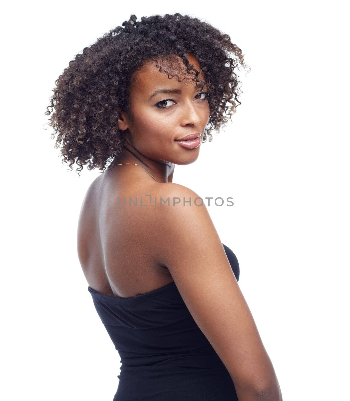 Portrait, black woman with skin and beauty for hair, texture and natural curls with cosmetics on white background. Cosmetology, makeup and haircare for growth, relax with confidence and smile.