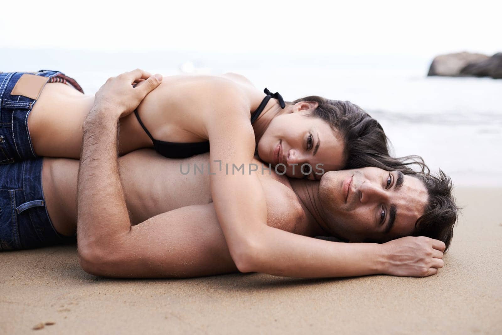 Couple, beach and topless for love with bonding on holiday, happiness and break on summer in Mauritius. Relationship, vacation and travel with smile for affection with trip, romance for memories. by YuriArcurs