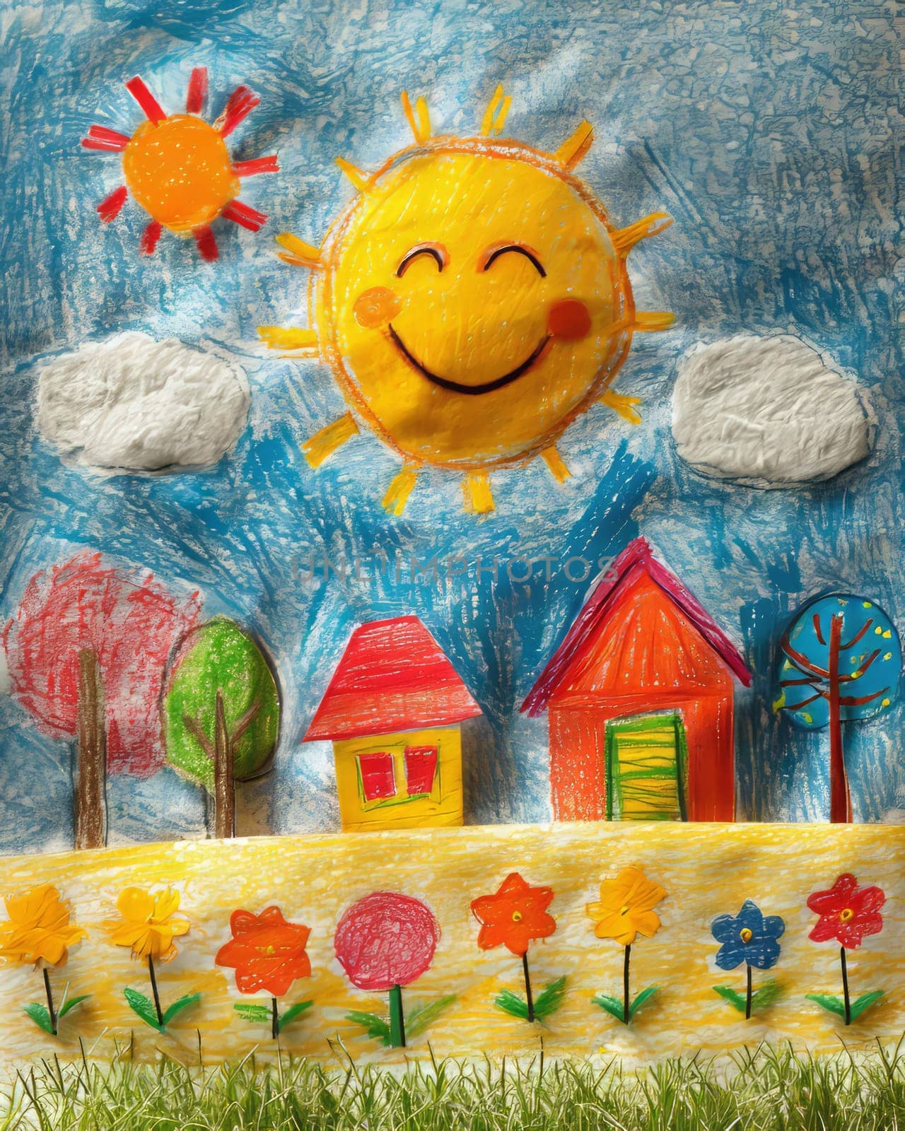 a child's drawing featuring a sun a house and flowers by studiodav