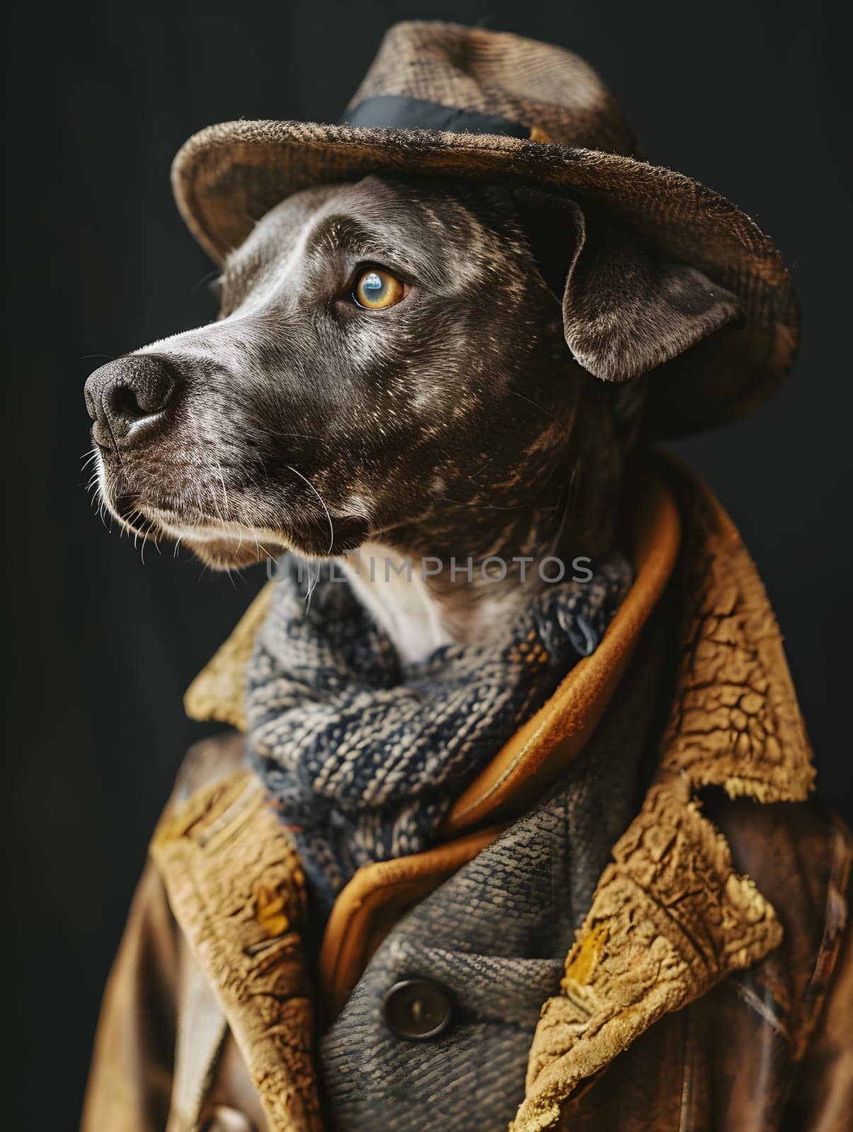 A Terrier dog breed, a Carnivore, is wearing a hat and a coat as a working animal. Its snout, whiskers, and liver make it an artistic and terrestrial animal