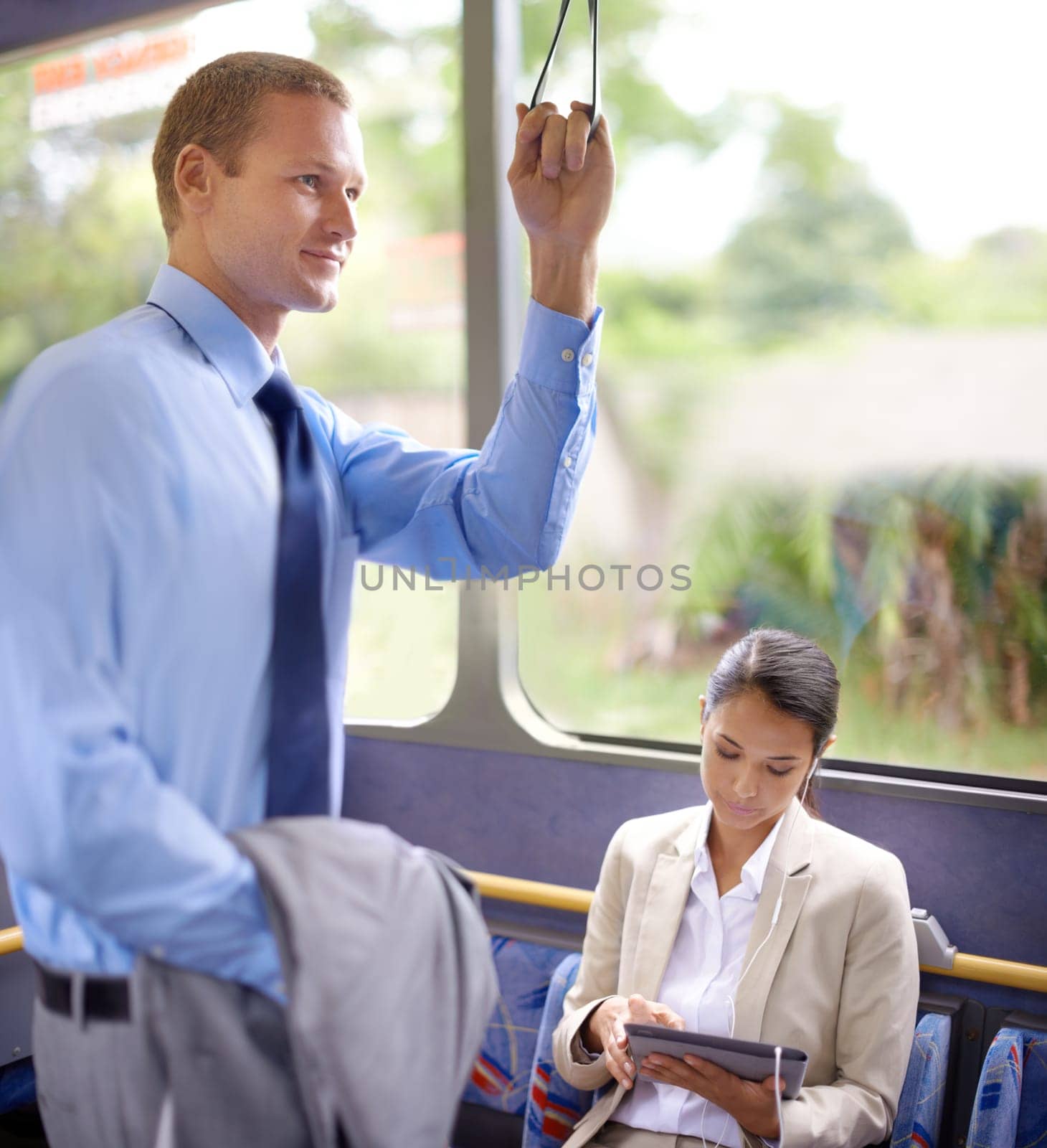 Travel, transport and business man on bus for morning commute to work for start of career or job. Trip, profession and work with young employee as passenger riding metro in city for public transit.