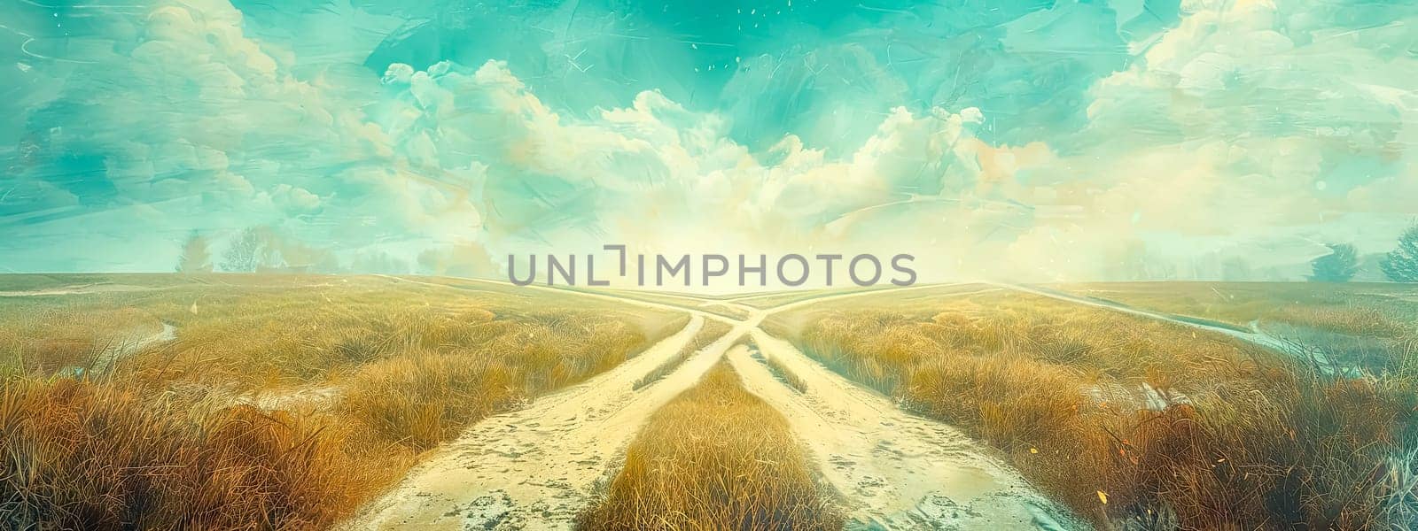 Crossroads in golden field under cloudy sky by Edophoto