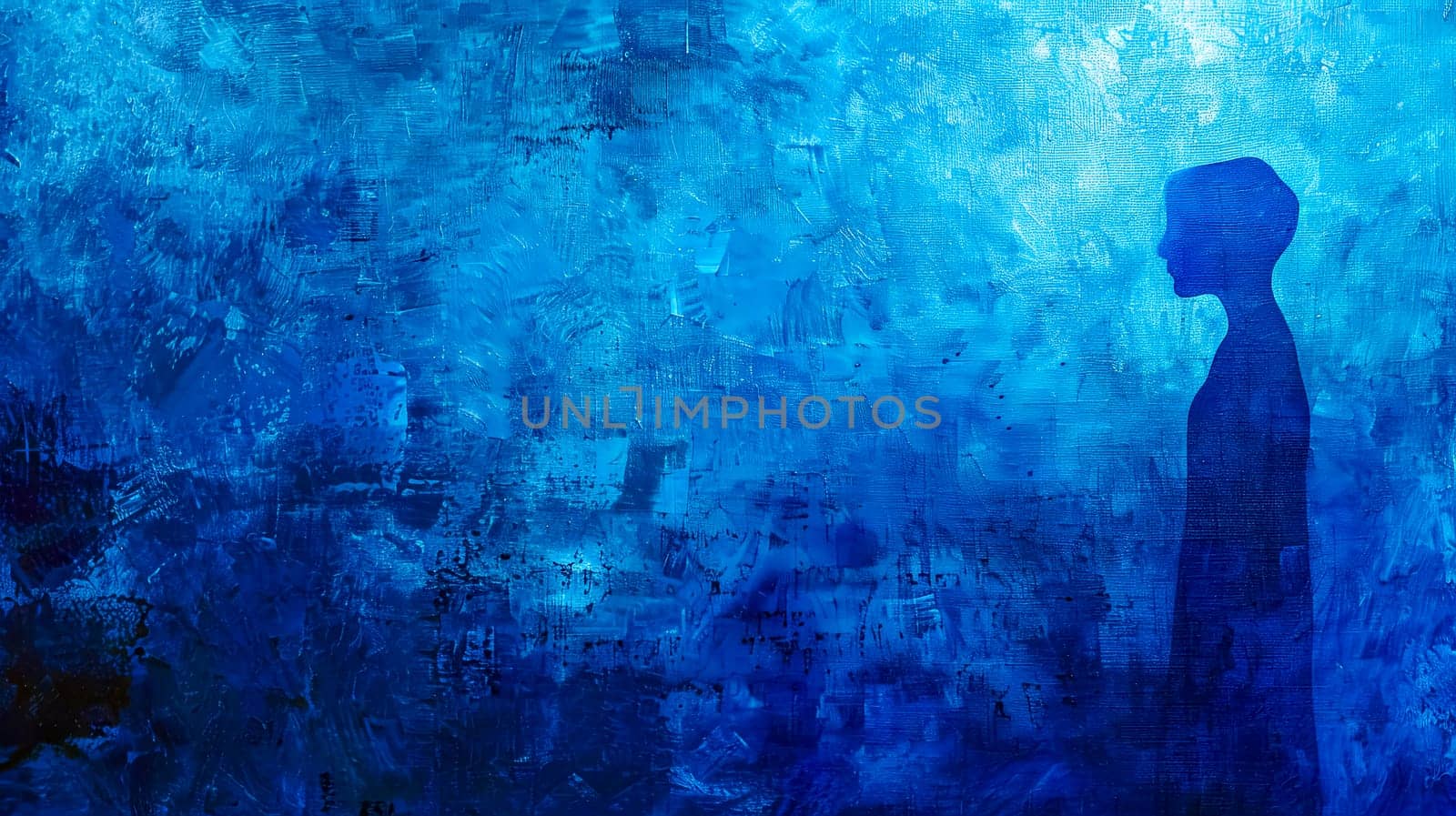 A person's silhouette stands out against a textured blue canvas