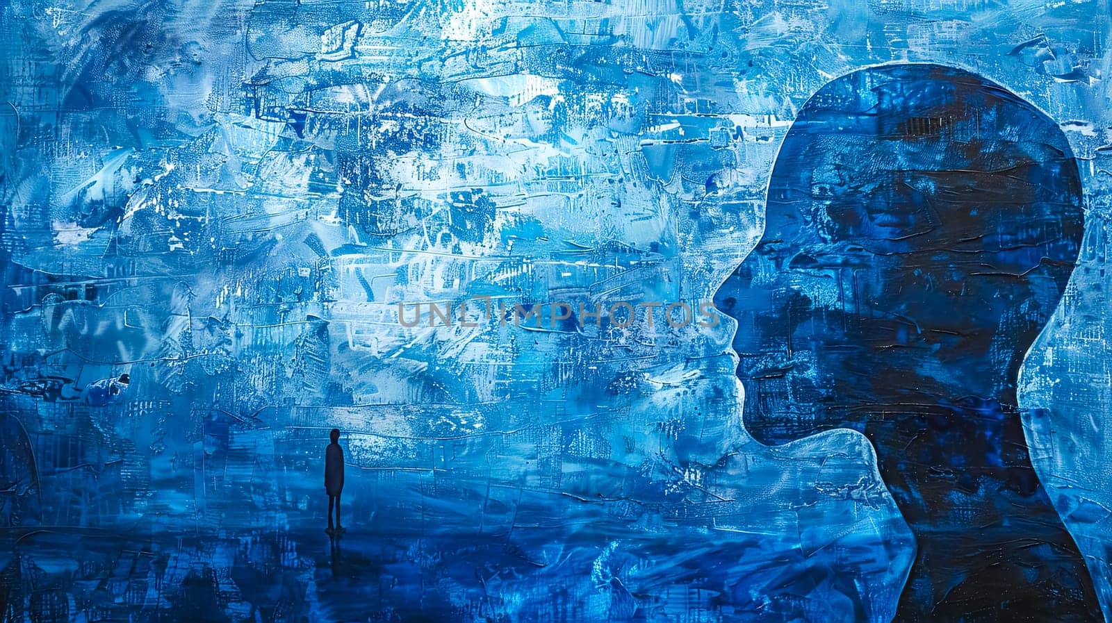 Blue-hued painting featuring a profile silhouette with a contemplative mood
