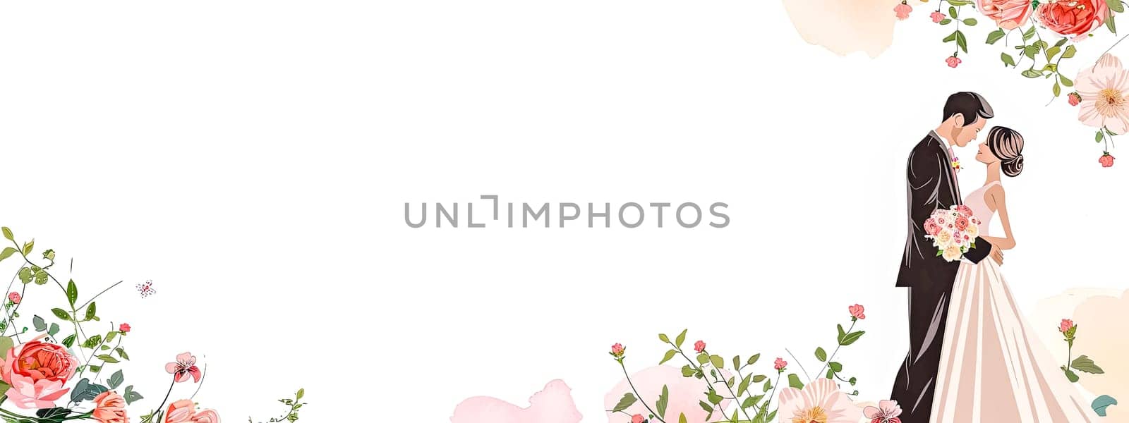 Bride and Groom Embrace Amongst Floral Illustration, copy space, card