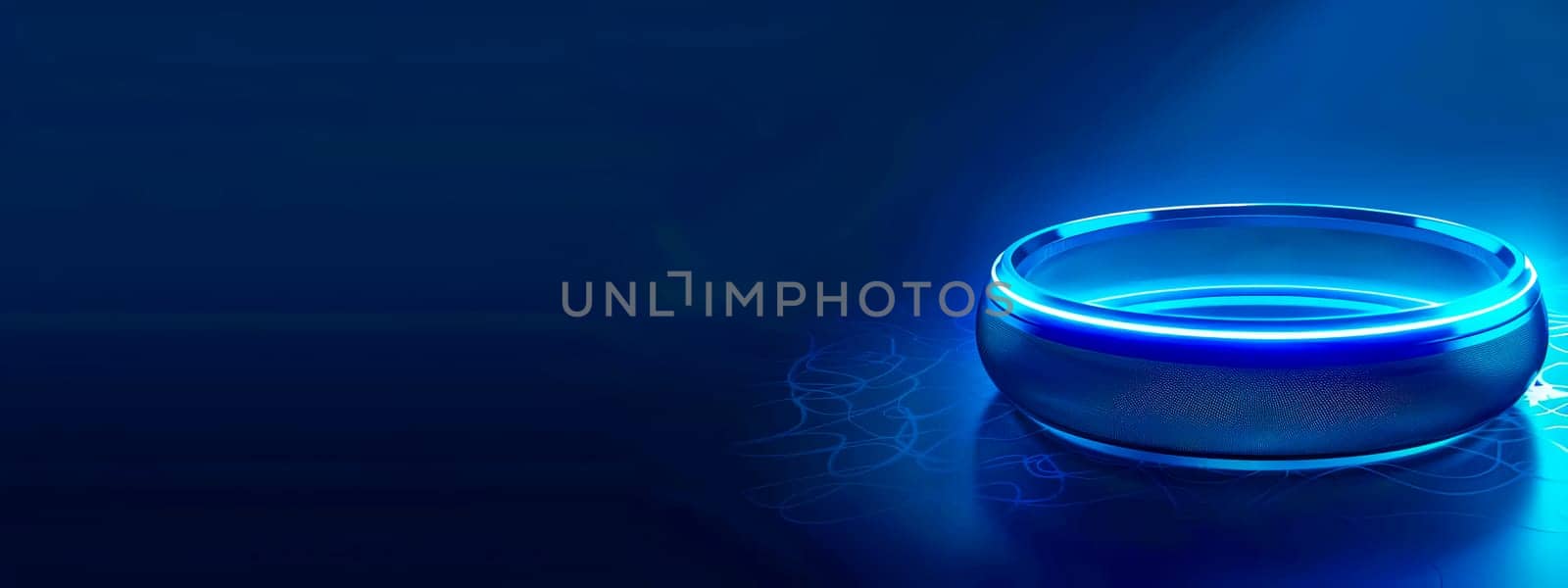 Futuristic Smart Ring Glowing with Blue Light, copy space