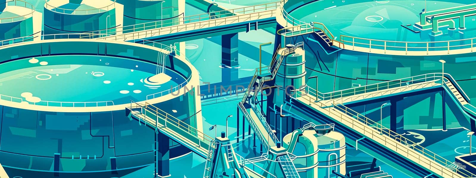 Stylized Illustration of a Futuristic Water Treatment Plant.